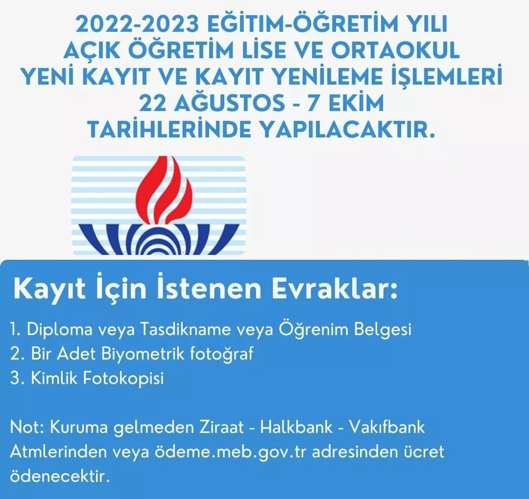 2022-2023 Açıköğretim Lisesi Yeni Kayıt ve Kayıt Yenileme