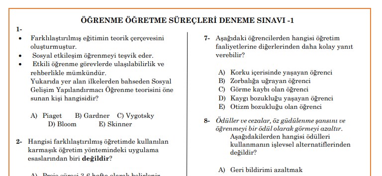 Öğrenme ve Öğretme Süreçleri Deneme Sınavı Cevaplı 40 Soru