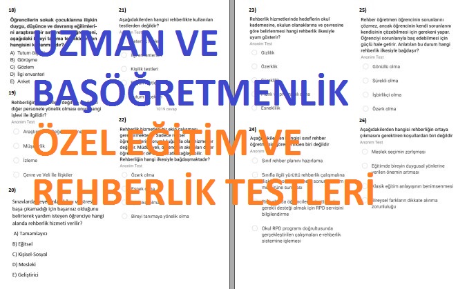 Uzman ve Başöğretmenlik Özel Eğitim ve Rehberlik Testi 61 Soru
