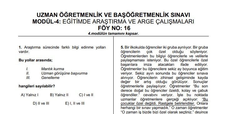 Uzman Öğretmenlik ve Başöğretmenlik Eğitimde Araştırma ve Arge Çalışmaları Deneme Sınavı