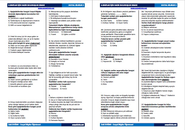 6. Sınıflar İçin Sosyal Bilgiler Hazır Bulunuşluk Sınavı