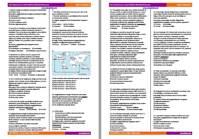 6. Sınıf Sosyal Bilgiler 2022 Bursluluk Sınavı Soruları