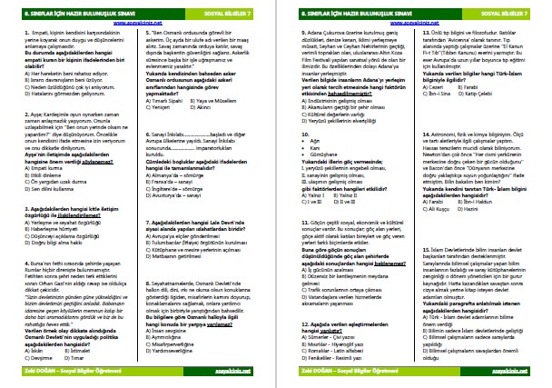 8. Sınıflar İçin Sosyal Bilgiler Hazır Bulunuşluk Sınavı
