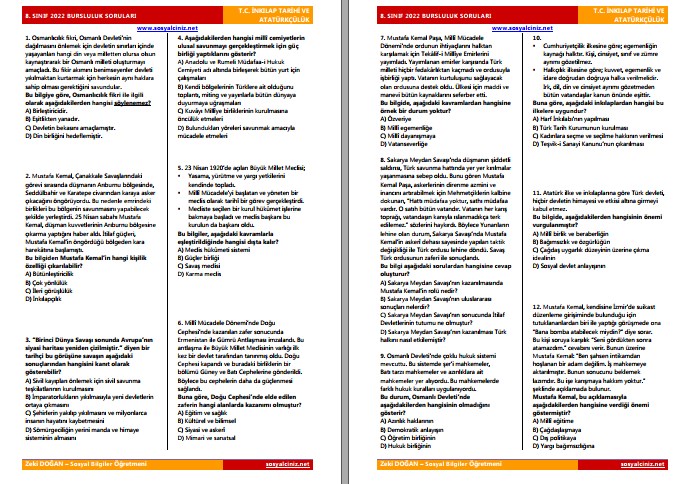 8. Sınıf T. C. İnkılap Tarihi 2022 Bursluluk Sınavı Soruları