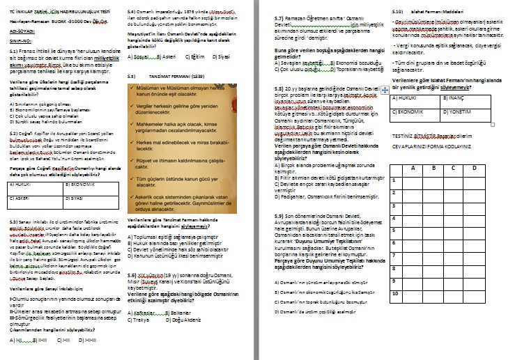 8. Sınıflar İçin T. C. İnkılap Tarihi Hazır Bulunuşluk Testi
