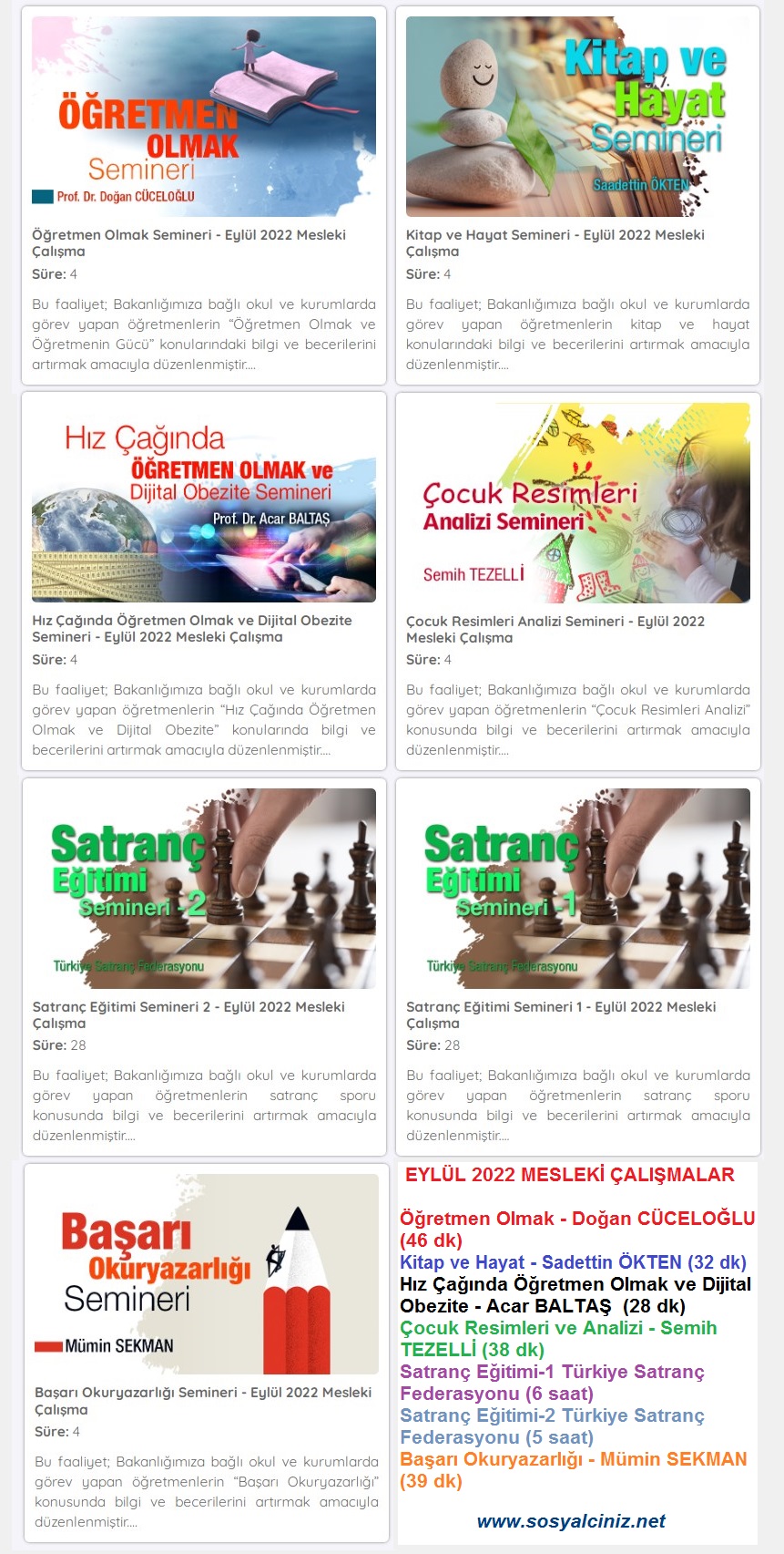 01-09 Eylül 2022 Mesleki Çalışma Konuları ve Süreleri