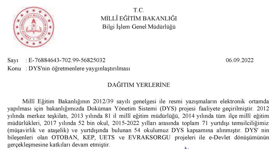 Resmi yazılar öğretmenlere DYS üzerinden tebliğ edilecek