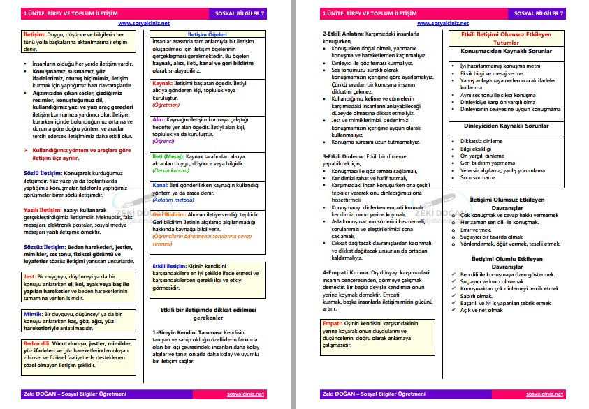 Sosyal Bilgiler 7 Birey ve Toplum Ders Notları