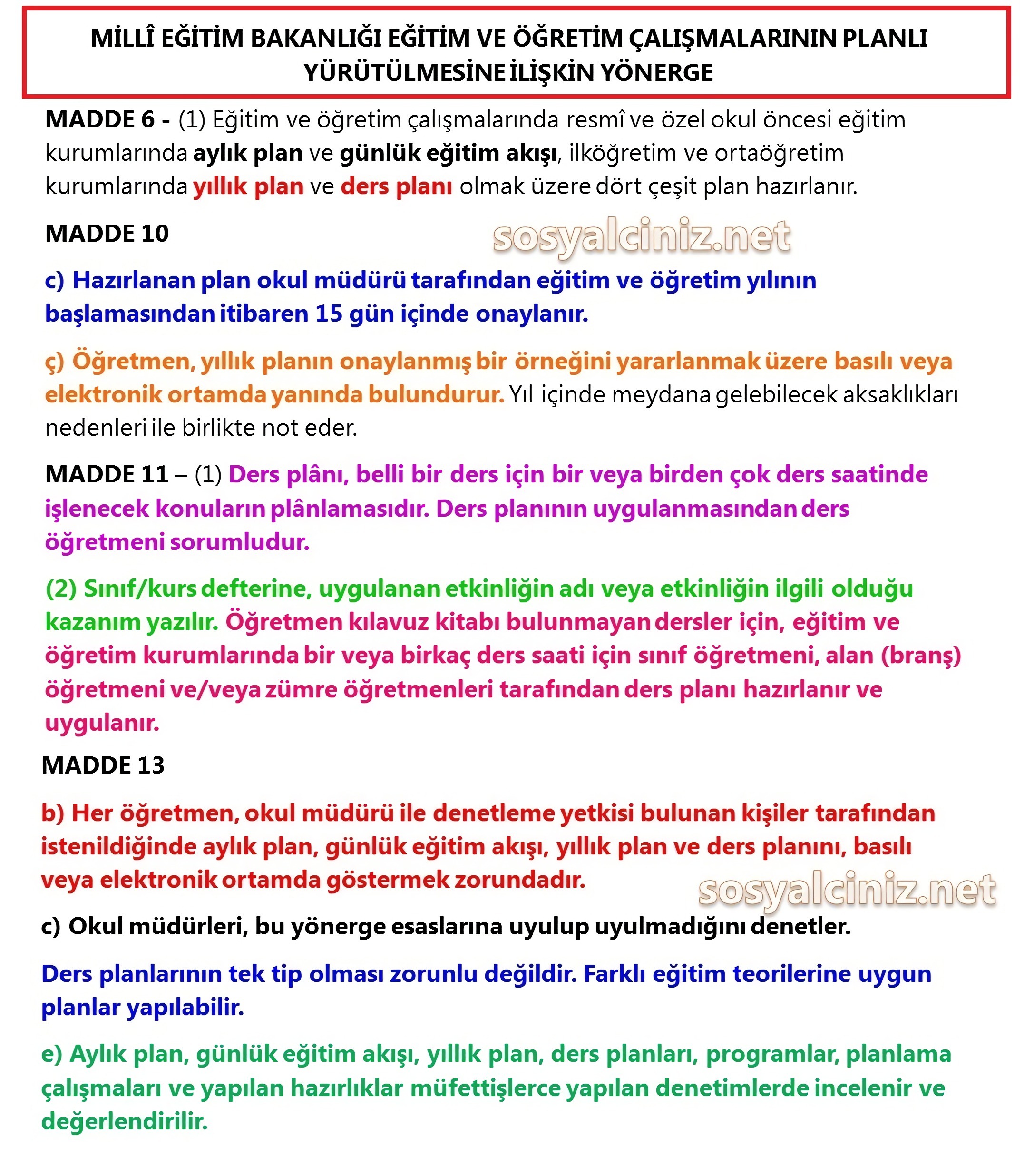 Talim Terbiye Kurulundan Yıllık ve Günlük Plan Açıklaması