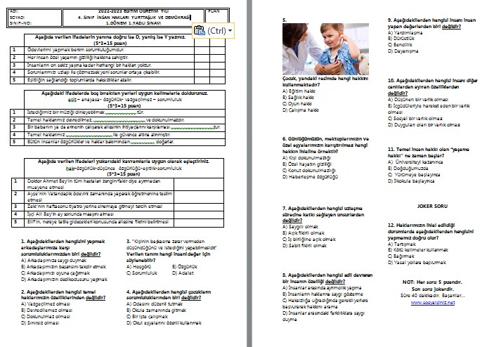 4. Sınıf İnsan Hakları Yurttaşlık ve Demokrasi 1. Dönem 1. Yazılı Sınavı
