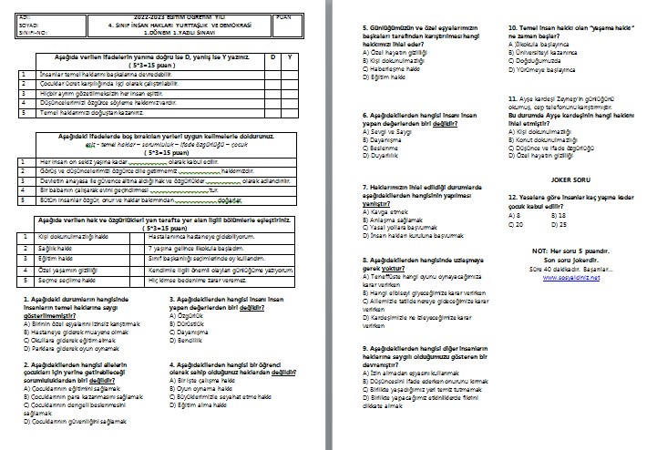 4. Sınıf İnsan Hakları Yurttaşlık ve Demokrasi 1. Dönem 1. Yazılı