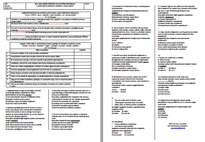 2022-2023 5. Sınıf Sosyal Bilgiler 1. Dönem 1. Sınavı Karma