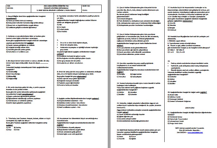 2022-2023 5. Sınıf Sosyal Bilgiler 1. Dönem 1. Yazılı Test