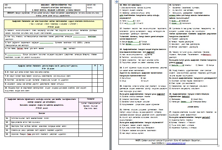 2022-2023 5. Sınıf Sosyal Bilgiler 1. Dönem 1. Yazılı Karma