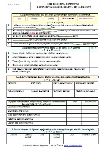 2022-2023 5. Sınıf Sosyal Bilgiler 1. Dönem 1. BEP Yazılı