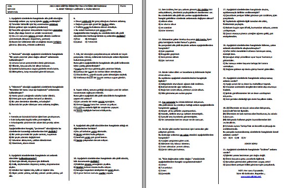 2022-2023 5. Sınıf Türkçe 1. Dönem 1. Yazılı