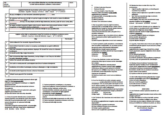 2022-2023 6. Sınıf Sosyal Bilgiler 1. Dönem 1. Sınavı Karma