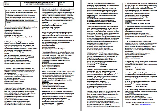 2022-2023 6. Sınıf Sosyal Bilgiler 1. Dönem 1. ZEP Yazılı