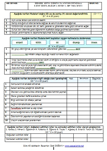 2022-2023 6. Sınıf Sosyal Bilgiler 1. Dönem 1. BEP Yazılı