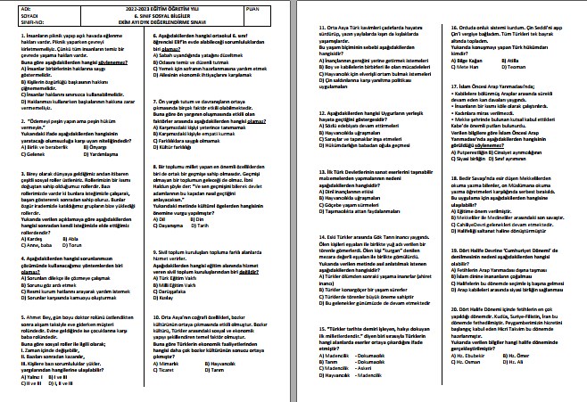 6. Sınıf Sosyal Bilgiler Ekim Ayı DYK Değerlendirme Sınavı ve Analizi