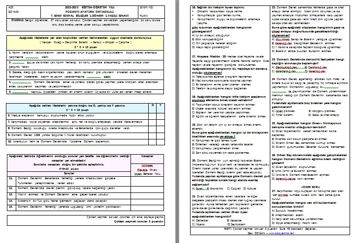 2022-2023 7. Sınıf Sosyal Bilgiler 1. Dönem 1. Yazılı Karma