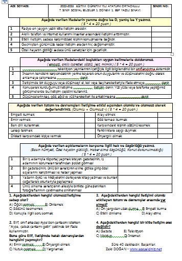 2022-2023 7. Sınıf Sosyal Bilgiler 1. Dönem 1. BEP Yazılı