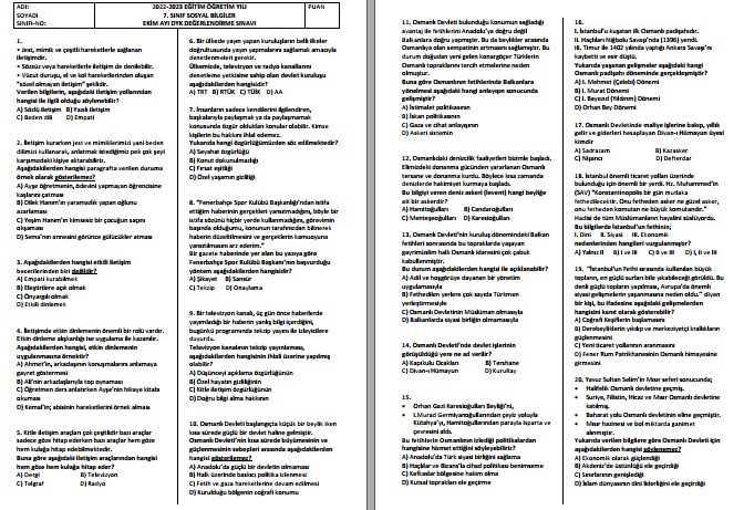 7. Sınıf Sosyal Bilgiler Ekim Ayı DYK Değerlendirme Sınavı ve Analizi