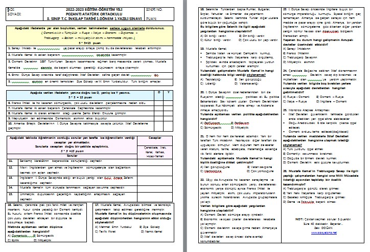 2022-2023 8. Sınıf T. C. İnkılap Tarihi 1. Dönem 1. Yazılı Karma
