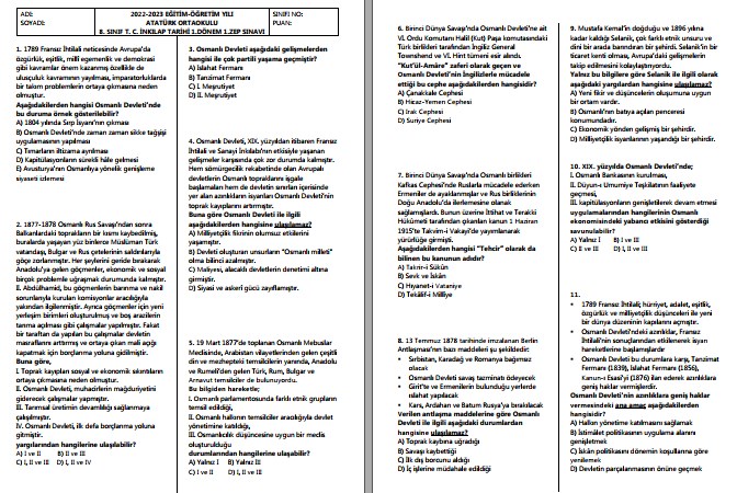 2022-2023 8. Sınıf T. C. İnkılap Tarihi 1. Dönem 1. ZEP Yazılı
