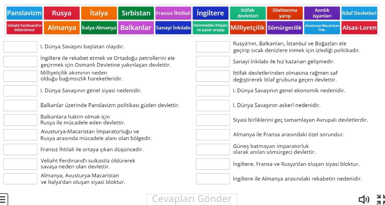 I. Dünya Savaşının Nedenleri Online Eşleştirme