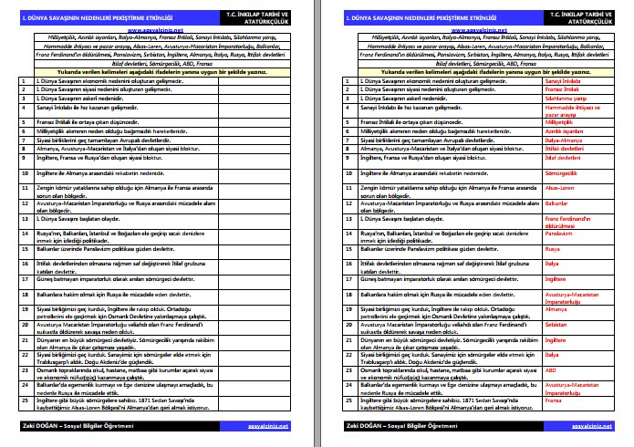 Birinci Dünya Savaşının Nedenleri Pekiştirme Etkinliği