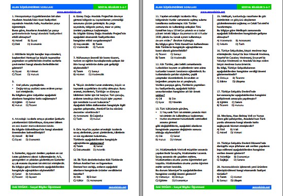 Sosyal Bilgiler 5-6-7 Alan İlişkilendirme Soruları