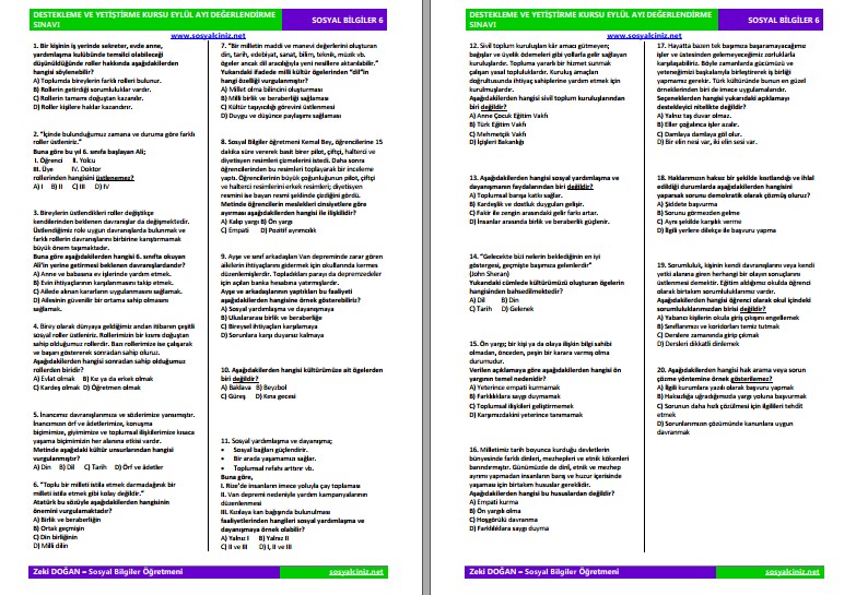 Sosyal Bilgiler 6 DYK Eylül Değerlendirme Sınavı ve Analizi