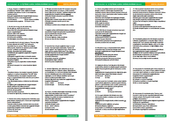 Sosyal Bilgiler 7 DYK Eylül Değerlendirme Sınavı ve Analizi