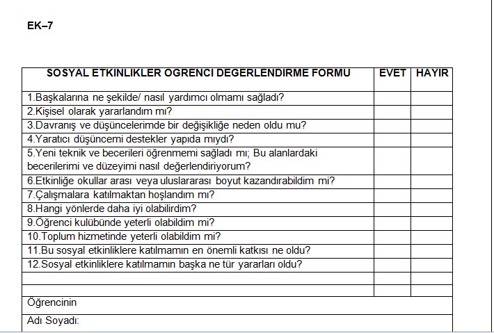 Sosyal Etkinlikler Değerlendirme Formları