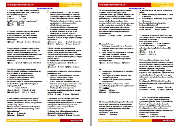 T. C. İnkılap Tarihi Alan İlişkilendirme Soruları