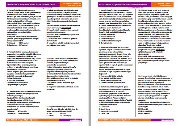 T. C. İnkılap Tarihi Eylül DYK Değerlendirme Sınavı ve Analizi