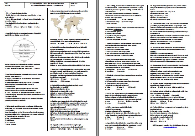 2022-2023 11. Sınıf Coğrafya 1. Dönem 1. Yazılı