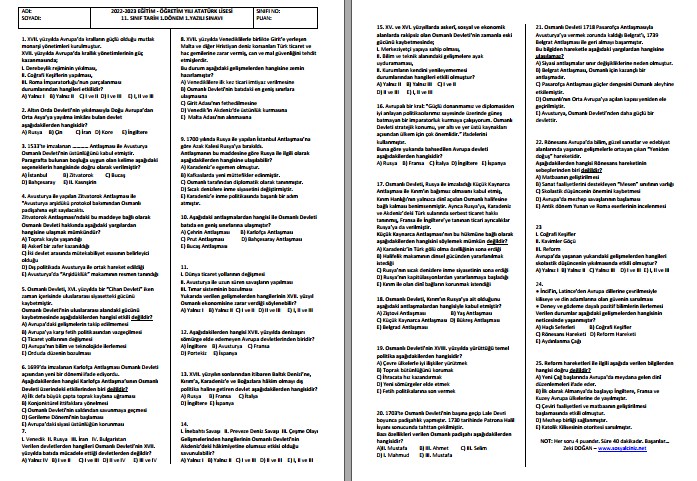 2022-2023 11. Sınıf Tarih 1. Dönem 1. Yazılı