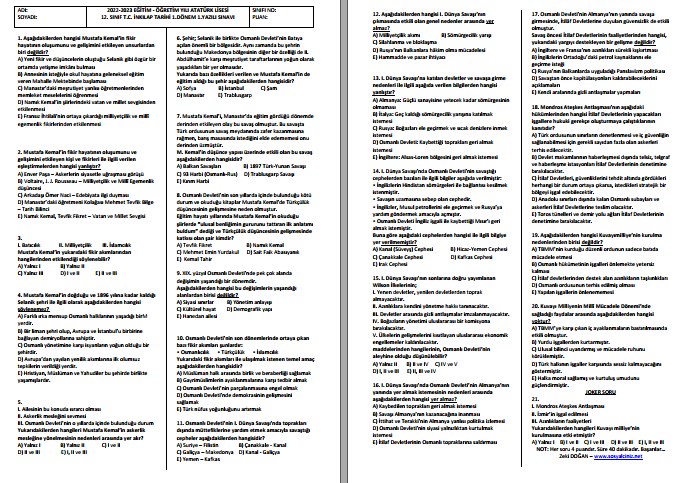 2022-2023 12. Sınıf T. C. İnkılap Tarihi 1. Dönem 1. Yazılı