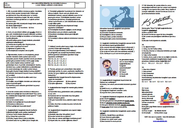 2022-2023 4. Sınıf Türkçe 1. Dönem 1. Yazılı