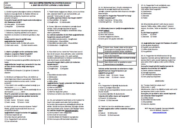 2022-2023 4. Sınıf Din Kültürü 1. Dönem 1. Yazılı