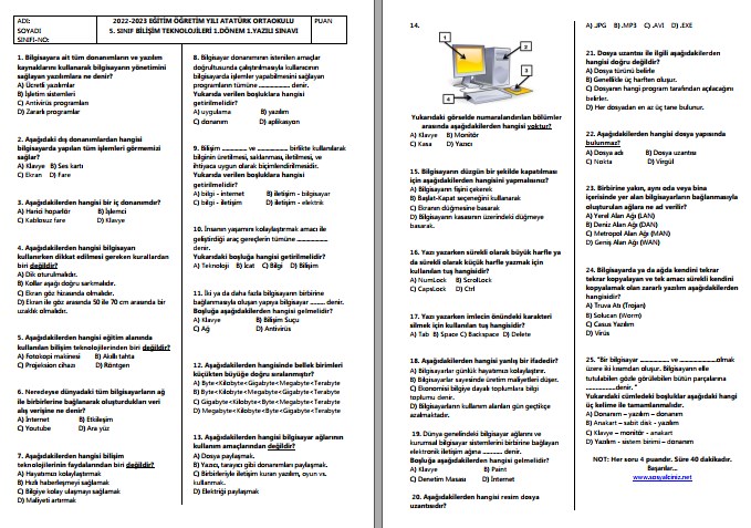 2022-2023 5. Sınıf Bilişim Teknolojileri 1. Dönem 1. Yazılı