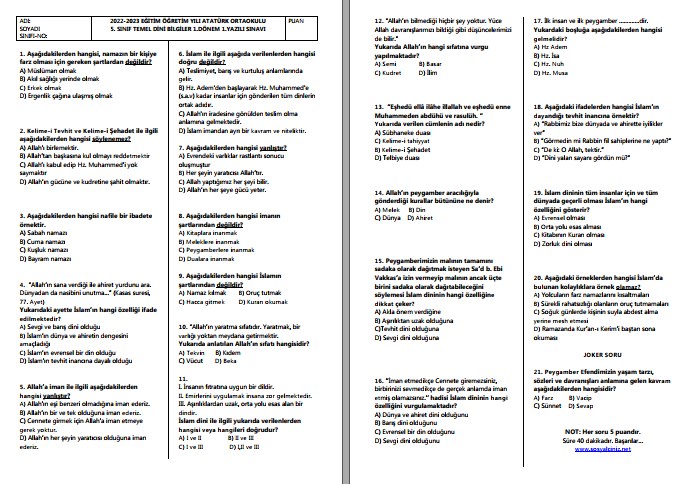2022-2023 5. Sınıf Temel Dini Bilgiler 1. Dönem 1. Yazılı