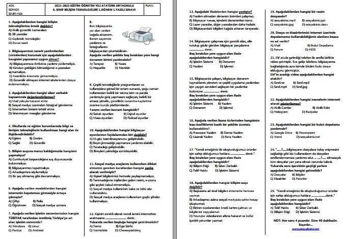 2022-2023 6. Sınıf Bilişim Teknolojileri 1. Dönem 1. Yazılı
