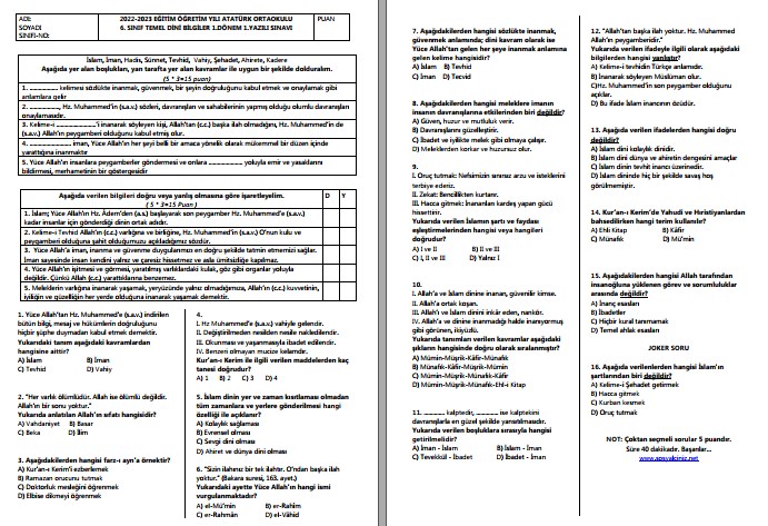 2022-2023 6. Sınıf Temel Dini Bilgiler 1. Dönem 1. Yazılı