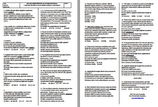 2022-2023 7. Sınıf Din Kültürü 1. Dönem 1. Yazılı