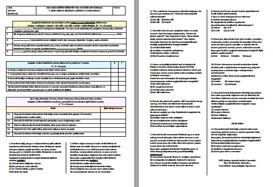 2022-2023 7. Sınıf Sosyal Bilgiler 1. Dönem 1. Sınavı Karma