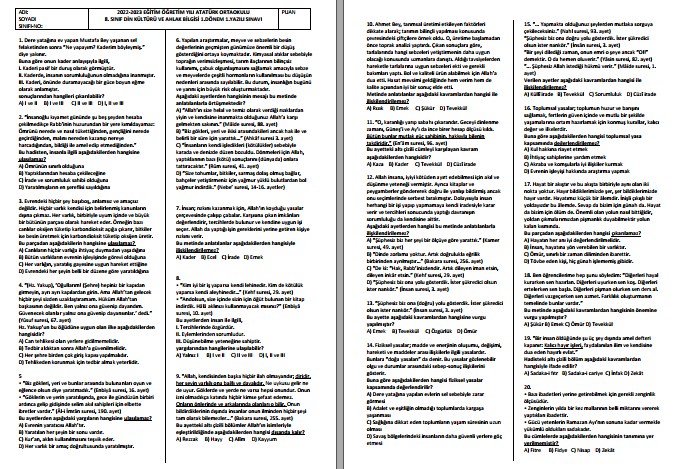 2022-2023 8. Sınıf Din Kültürü 1. Dönem 1. Yazılı