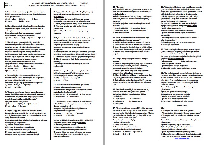 2022-2023 9. Sınıf Din Kültürü 1. Dönem 1. Yazılı